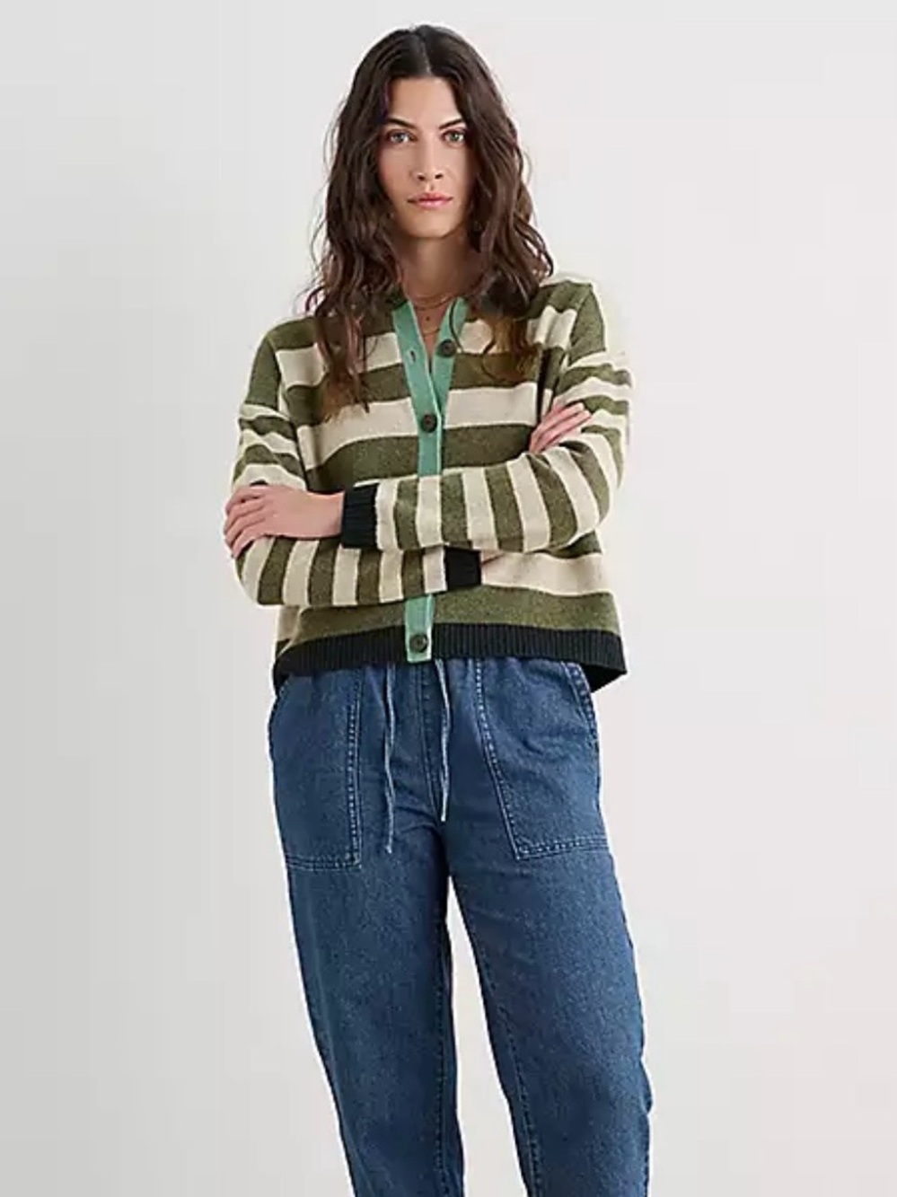 Seasalt Cornwell Striped Olive & Cream Button-Front Sweater Cardigan - Picture 3 of 10